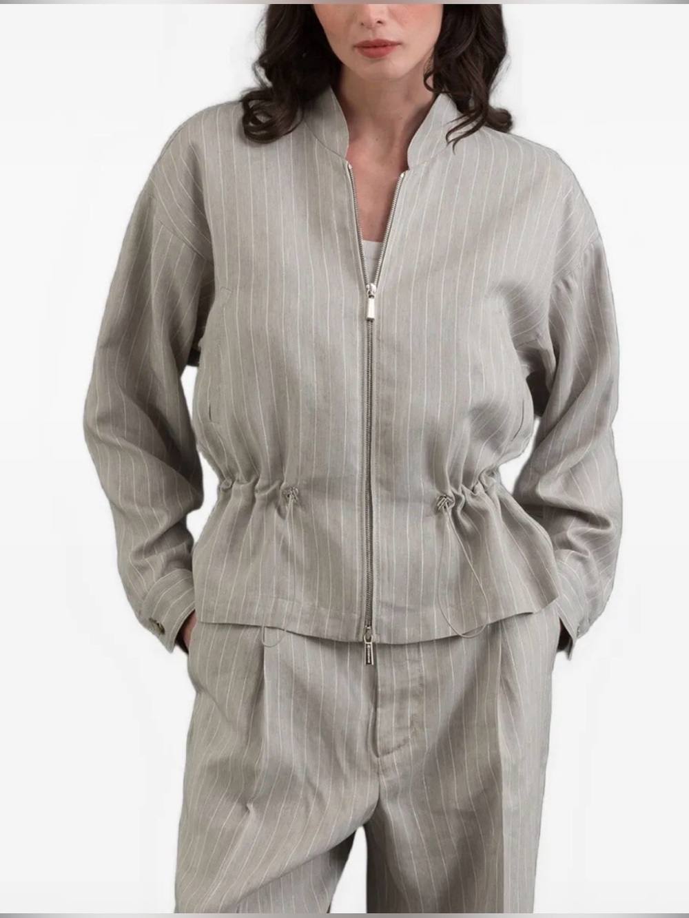 Etcetera Light Gray Pinstripe Women's Suit Jacket, Trousers & Shorts Set